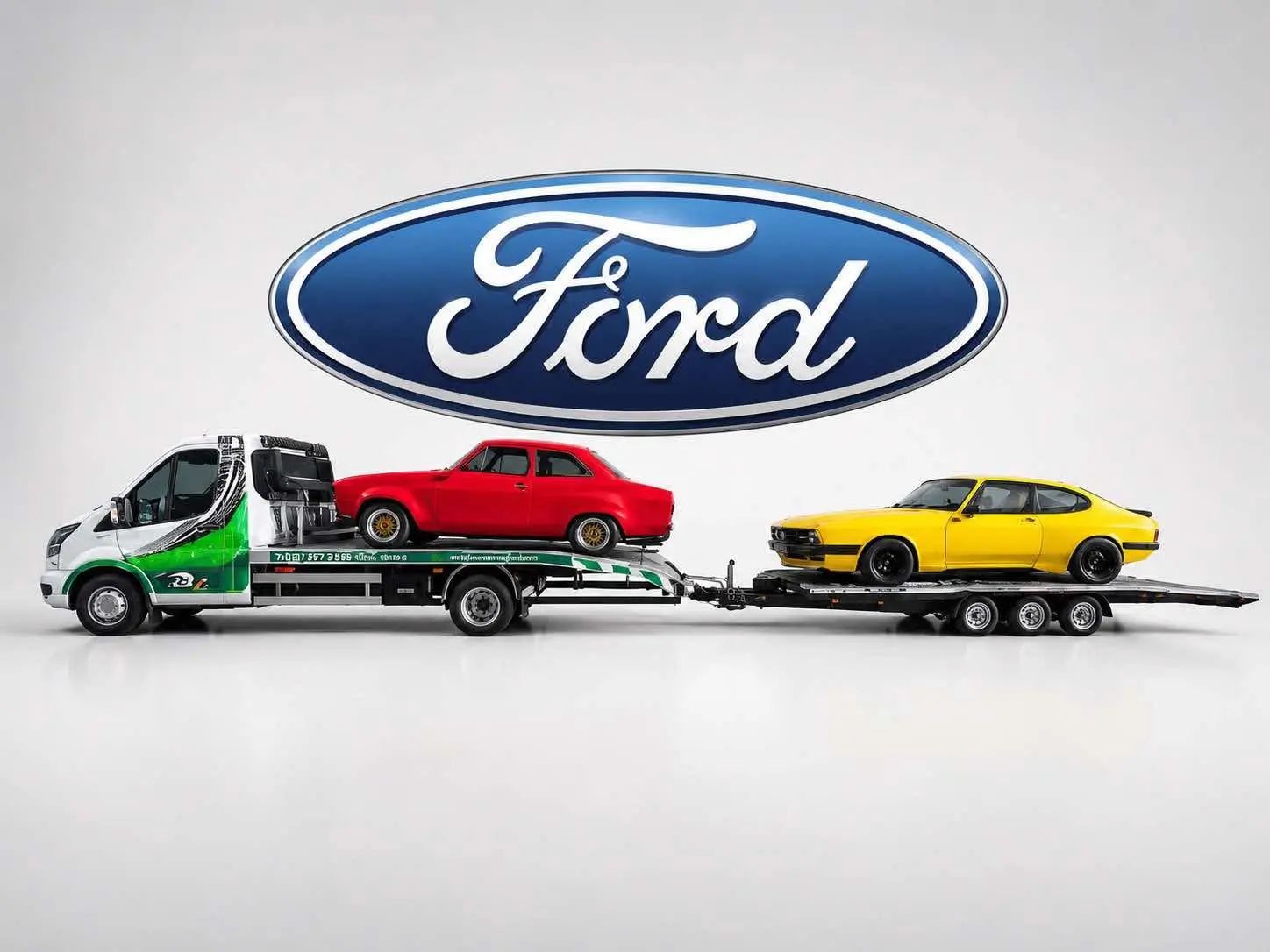 ICR truck and trailer transporting three classic Ford vehicles